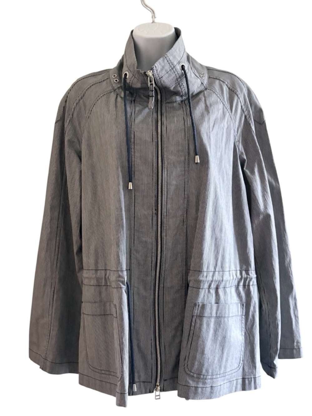 LAFAYETTE 148 Parka Jacket Sz 12 Blue White Striped Lightweight Waist Neck Tie